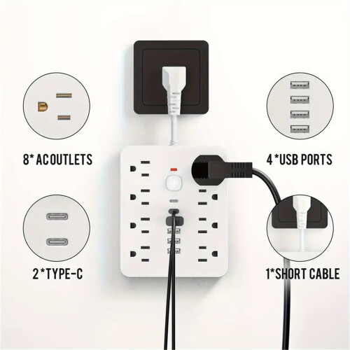 Power Strip 8 Outlets 4 USB 2 USB-C Flat Plug White 1
