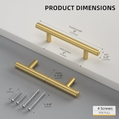 Gold Cabinet Handles Brushed Brass 25-Pack 3 Inch 2