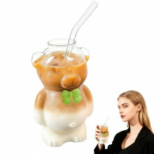 Vaso reutilizable con pajita de cristal con forma de oso, 355 ml (12 oz).
