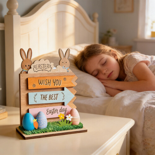 Panneau de table en bois style ferme avec lapin de Pâques (1 pièce) 2