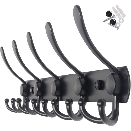 Wall Mounted Coat Rack Black with 5 Hooks