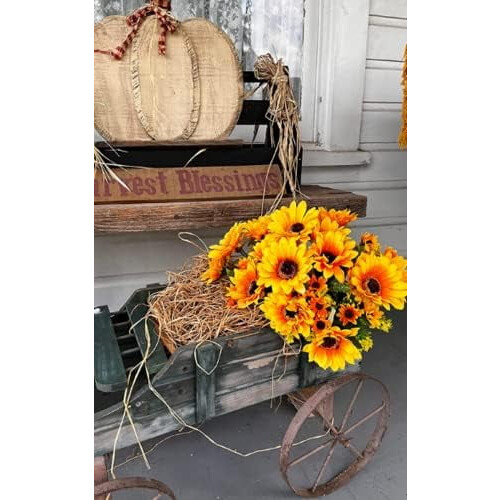 Girasoli artificiali in seta, set da 7 steli, 4 pezzi, arancione e giallo 2