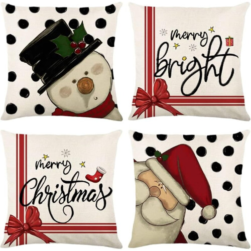 Conjunto de 4 capas de almofada vermelhas de Natal com boneco de neve, 45x45cm.