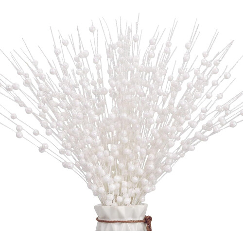 Hastes de frutinhas artificiais com glitter branco, 10 unidades, 40 cm (15,7 polegadas)