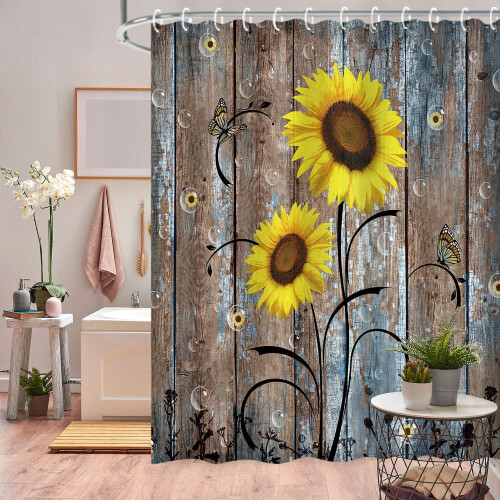 Duschvorhang mit Sonnenblumenmuster, rustikales Blumenmuster, 183 x 213 cm
