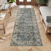 Vintage washable living room runner rug boho floral blue 2