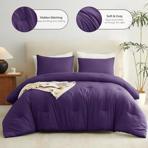 Conjunto de edredom roxo tamanho Queen, respirável e acolchoado, 3 peças 1
