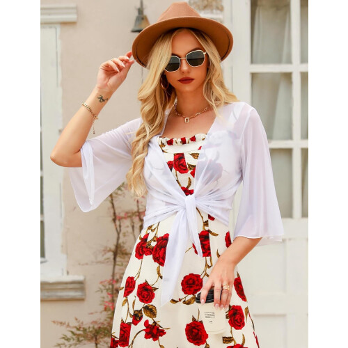 Bolero feminino transparente com mangas boca de sino e amarração frontal. 1