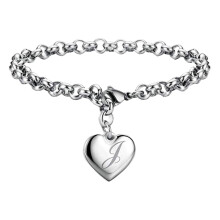 Stainless Steel Heart Charm Bracelet with Alphabet Letters