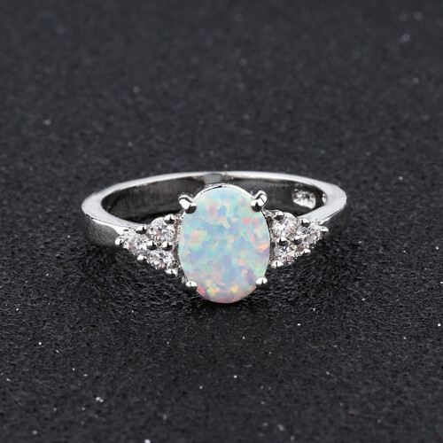 925 Sterling Silver Round White Opal Ring Size 10 2