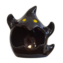 Suport ceramic pentru lumânări tip pastilă cu fantome de Halloween, 4,3x4,7 inci, negru