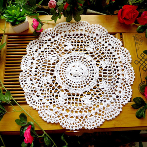 Glass table centerpiece rectangle 24 inch white lace doily