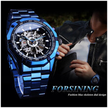 Montre squelette automatique pour homme, acier inoxydable bleu et noir
