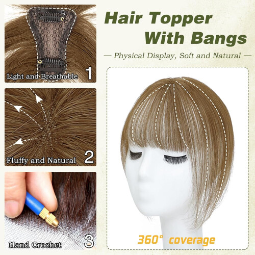 Real Human Hair Topper with Wispy Clip-On Bangs 1