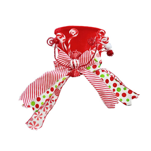 Red Christmas Tree Topper Hat with Striped Bow 1pc