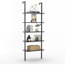 Wall Mount Bookcase with Wood Metal Frame 5 Shelves Black
