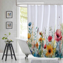 Shower Curtain Set Pastel Yellow Blue Flowers 72x84 Inch