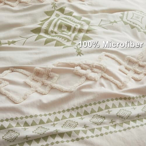 Boho-Bettwäscheset, Queen-Size, Beige, Salbeigrün, 3-teilig 2