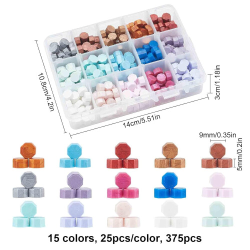 Perles de cire à cacheter, 15 couleurs, 375 pièces, boîte à 15 compartiments 1