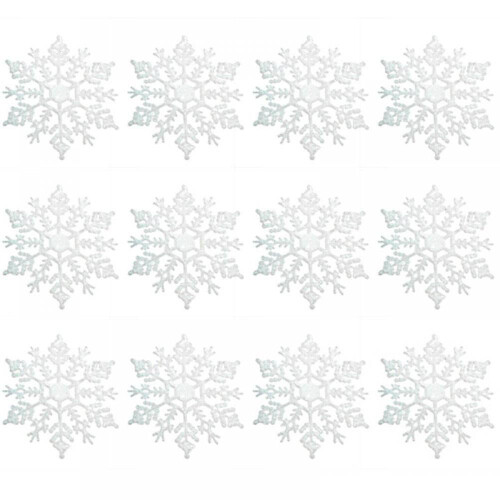 Hvite snøfnuggpynt i plastglitter, 12 stk.