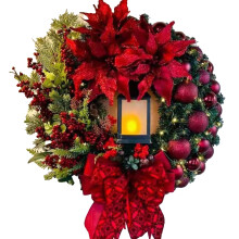 Artificial Christmas Wreath with Red Bow and Battery Candle