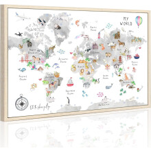 Carte du monde grise pour enfants avec animaux, impression sur toile 40 x 60 cm