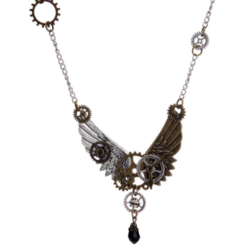 Κολιέ Steampunk μενταγιόν ασημένια αλυσίδα με φτερά αγγέλου και κρύσταλλο