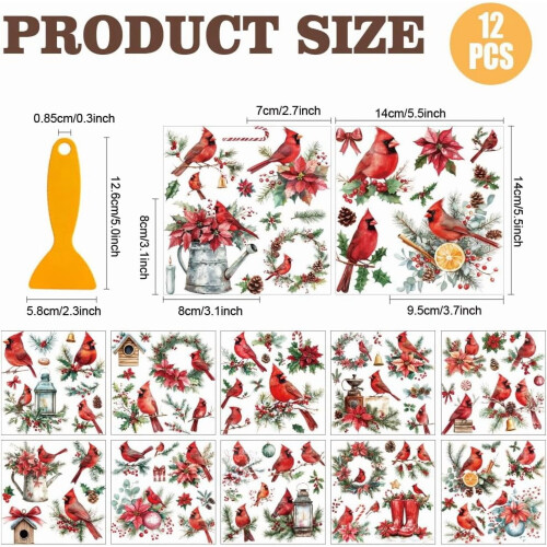 Adesivos de Natal com Cardeal, 12 unidades, 14 x 14 cm (5,5 x 5,5 polegadas) 1