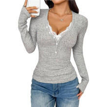 Women'S V Neck Lace Trim Ribbed Slim Fit Y2K Long Sleeve T-Shirt Light Gray S