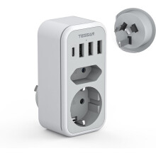 Steckdose Stromverteiler 6-in-1 USB-C 3USB-A 2500 W Tessan — reisadapter usb c, australien type i adapter, steckdose 6 in 1 usb, tessan netzadapter