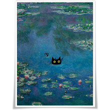 Monet Tavirózsák Fekete Macska Poszter Vintage Művészeti Nyomat 12x16
