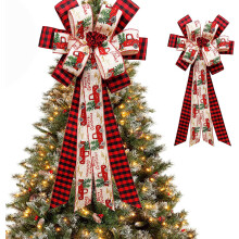 Christmas tree topper buffalo plaid bow red black burlap