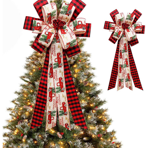 Christmas tree topper buffalo plaid bow red black burlap