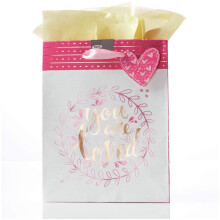 Juego de bolsas de regalo rosas y doradas con versículo bíblico 1 Juan 4:19
