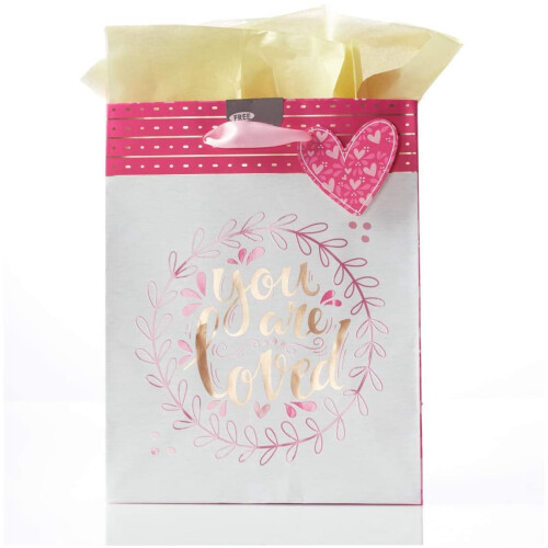 Conjunto de sacola de presente rosa e dourada com versículo bíblico 1 João 4:19