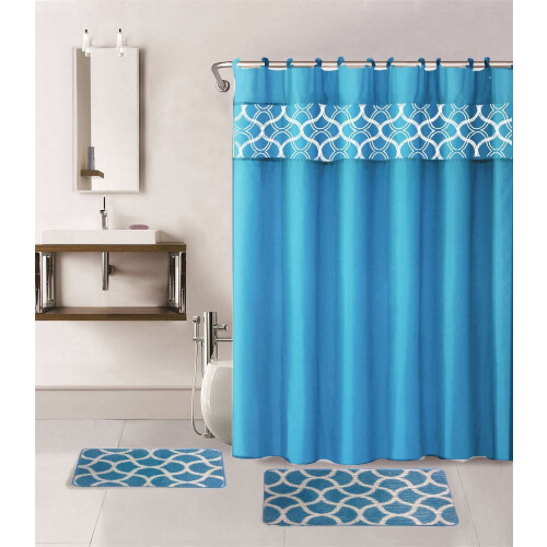 Shower Curtain Set Turquoise Jacquard 15 pcs