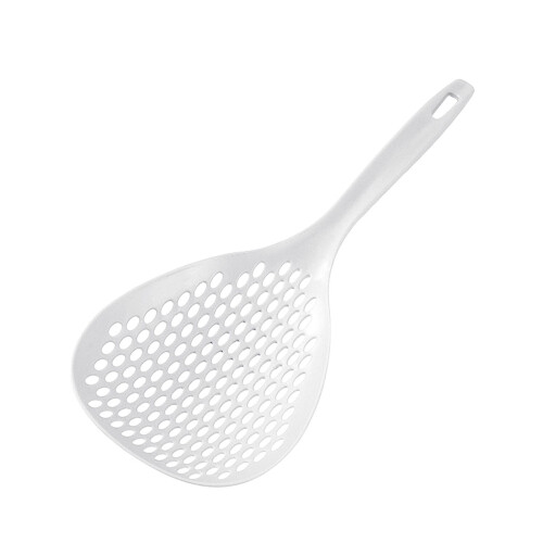 Plastic strainer scoop for pasta draining, white and orange