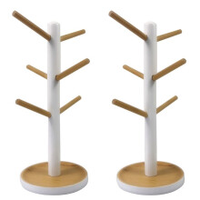 2X Scaffale Nel Legno con Portabicchieri, Appendiabiti, Mensola per Bevande, con 6 Ganci, Forma di Albero, Legno, Caffè, Tazza da Tè, Portaoggetti,