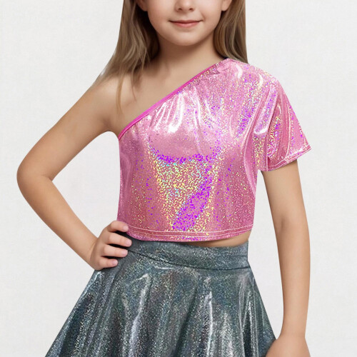 Girls One-Shoulder Short-Sleeve Sequin Crop Top 1