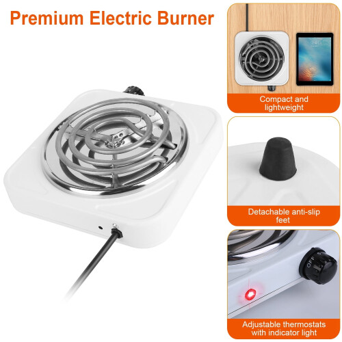 Electric Single Burner Hot Plate 1000W 5-Temp Settings White 2