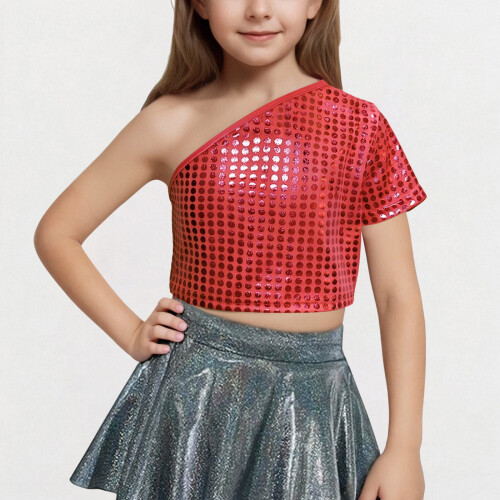 Girls One-Shoulder Short-Sleeve Sequin Crop Top 1