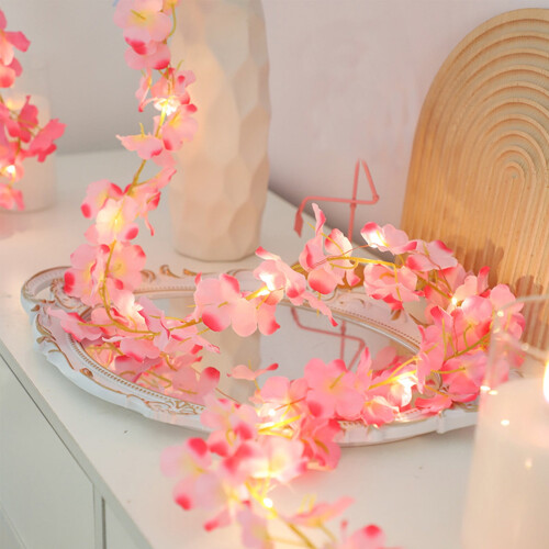 Lighted Christmas Garland LED Copper Wire Boho Pink 1