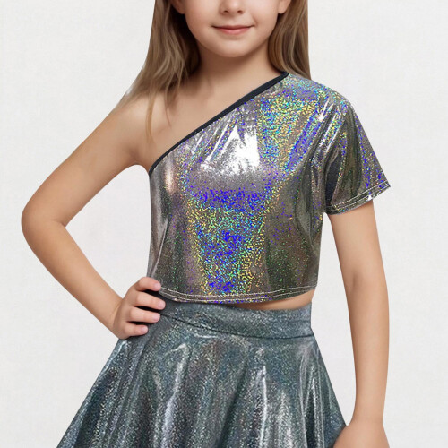 Girls One-Shoulder Short-Sleeve Sequin Crop Top 1