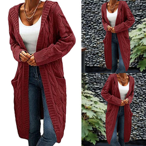 Γυναικεία oversized πλεκτή ζακέτα με πλέξη από βαμβάκι, μακριά χειμωνιάτικη 1