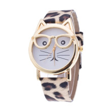 Dameshorloge met kattenwijzerplaat, quartz uurwerk en brillenbandje