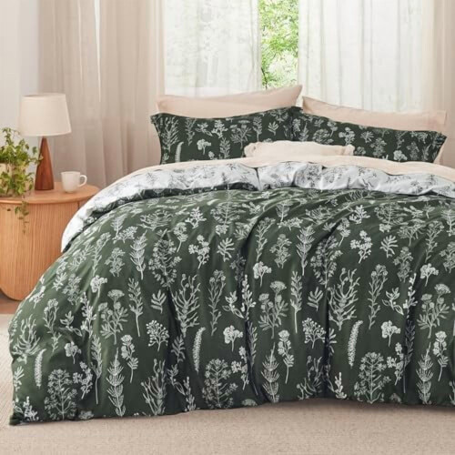 Olive Green Comforter Set Floral Botanical 3-Piece