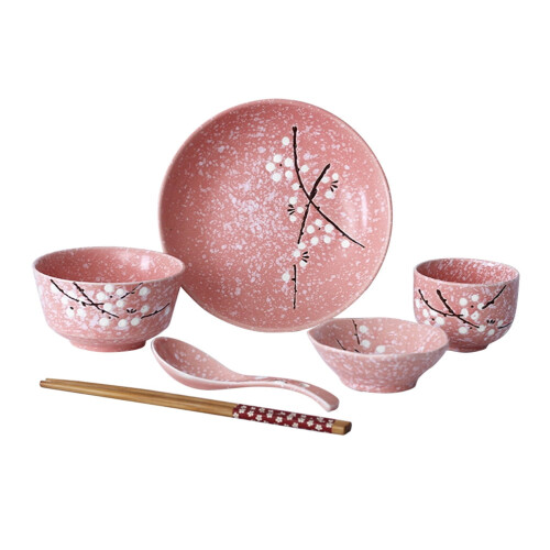 Japanese-style ceramic dinnerware set pink 6-piece