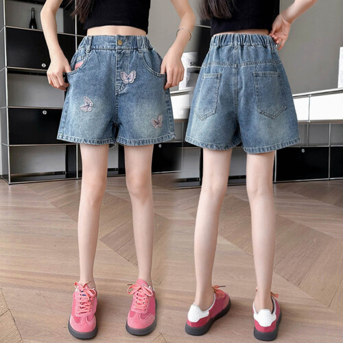 Højtaljede denimshorts med brede ben og elastik til piger 1