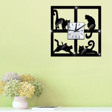 Cat Mirror Wall Clock Black Modern 12-inch