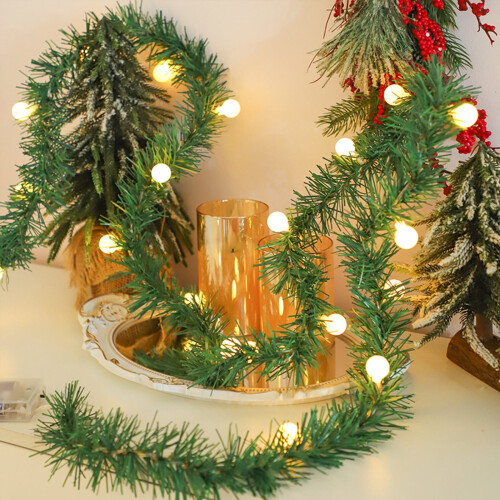Christmas pine needle lights with white balls, battery